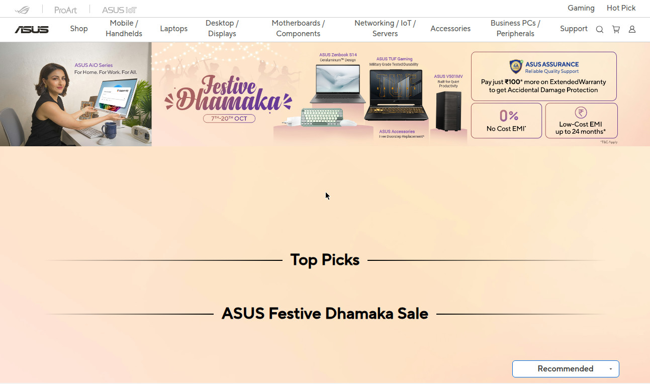 Asus India ka Festive Dhamaka offer page — 7 se 20 October tak ki sale, 0% No Cost EMI aur ASUS Assurance ke saath