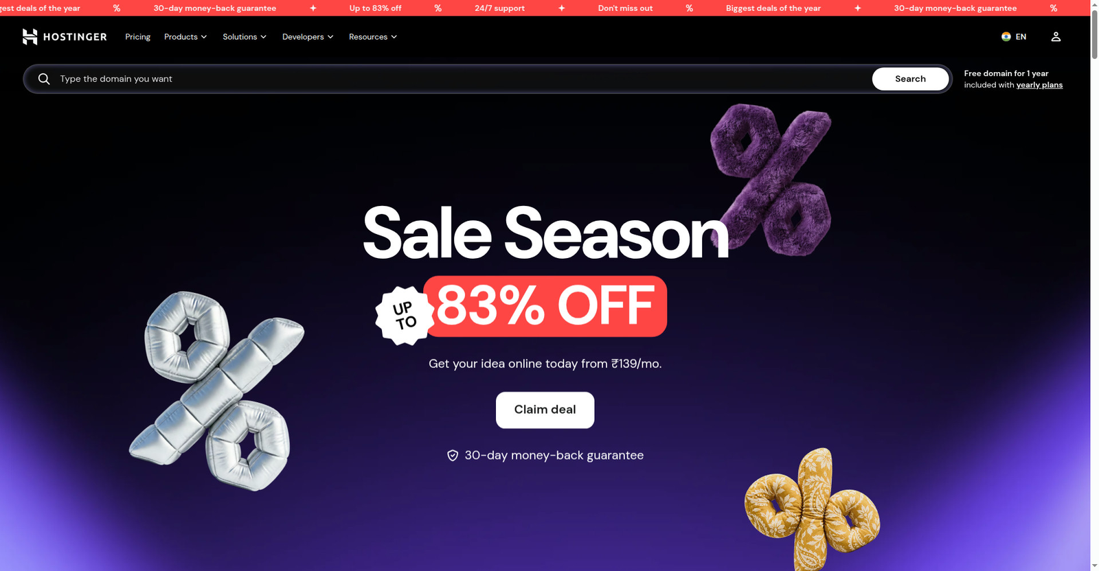 Hostinger India ka festive sale banner — "Up to 83% OFF, from ₹139/mo" hero me live