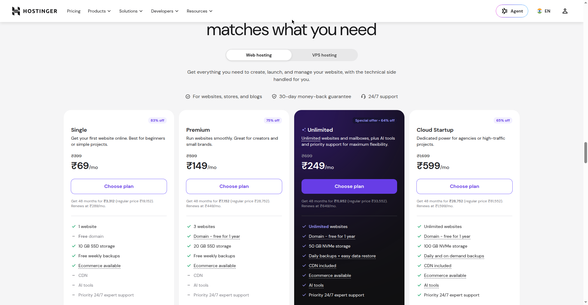 Hostinger.com/in ka homepage — plans aur prices section