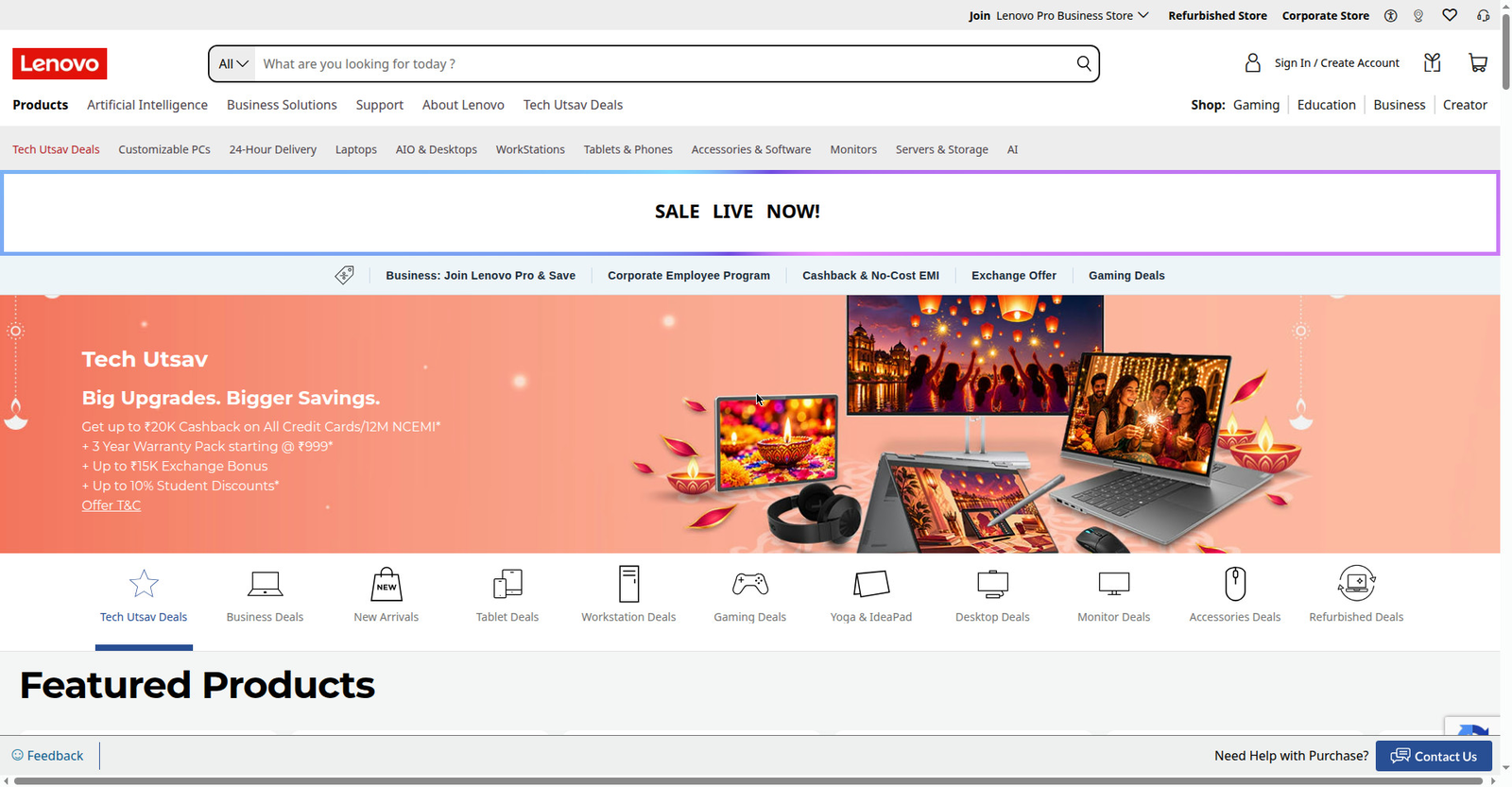 Lenovo India ka Tech Utsav deals page — SALE LIVE NOW, up to ₹20K cashback, 12M No-Cost EMI, exchange bonus aur student discounts