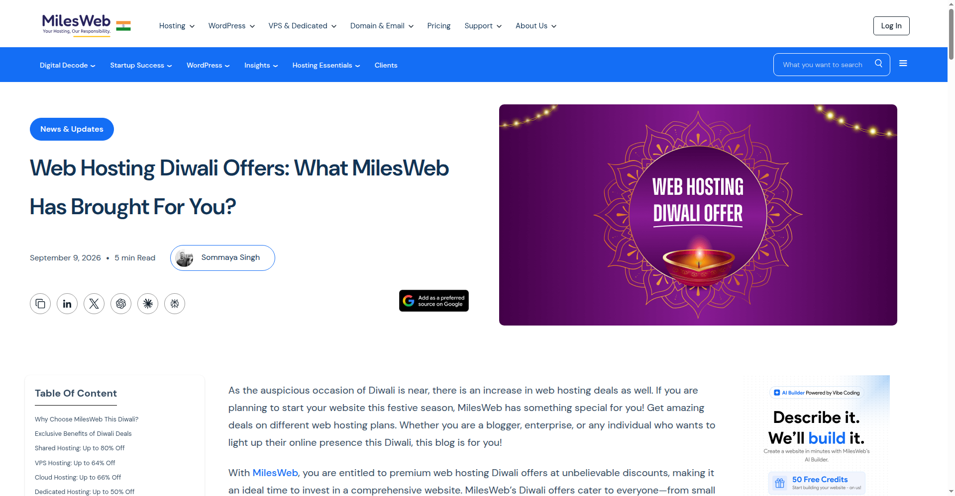 MilesWeb ki Diwali offers page — shared hosting par up to 80% off ka headline