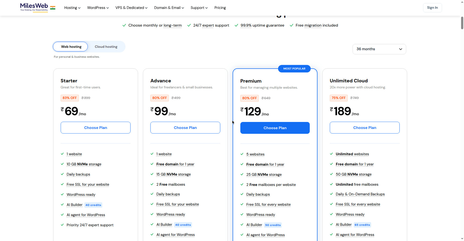 MilesWeb ki pricing page — "Big Diwali Savings" countdown ke saath chaaron shared plans