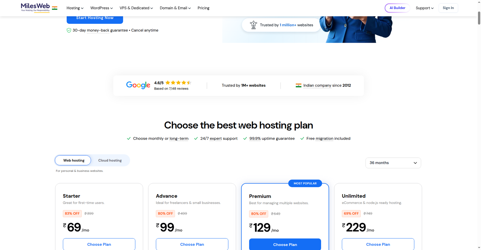 MilesWeb India ke plan cards — Starter ₹69, Advance ₹99, Premium ₹129, Unlimited ₹229; 36-month term