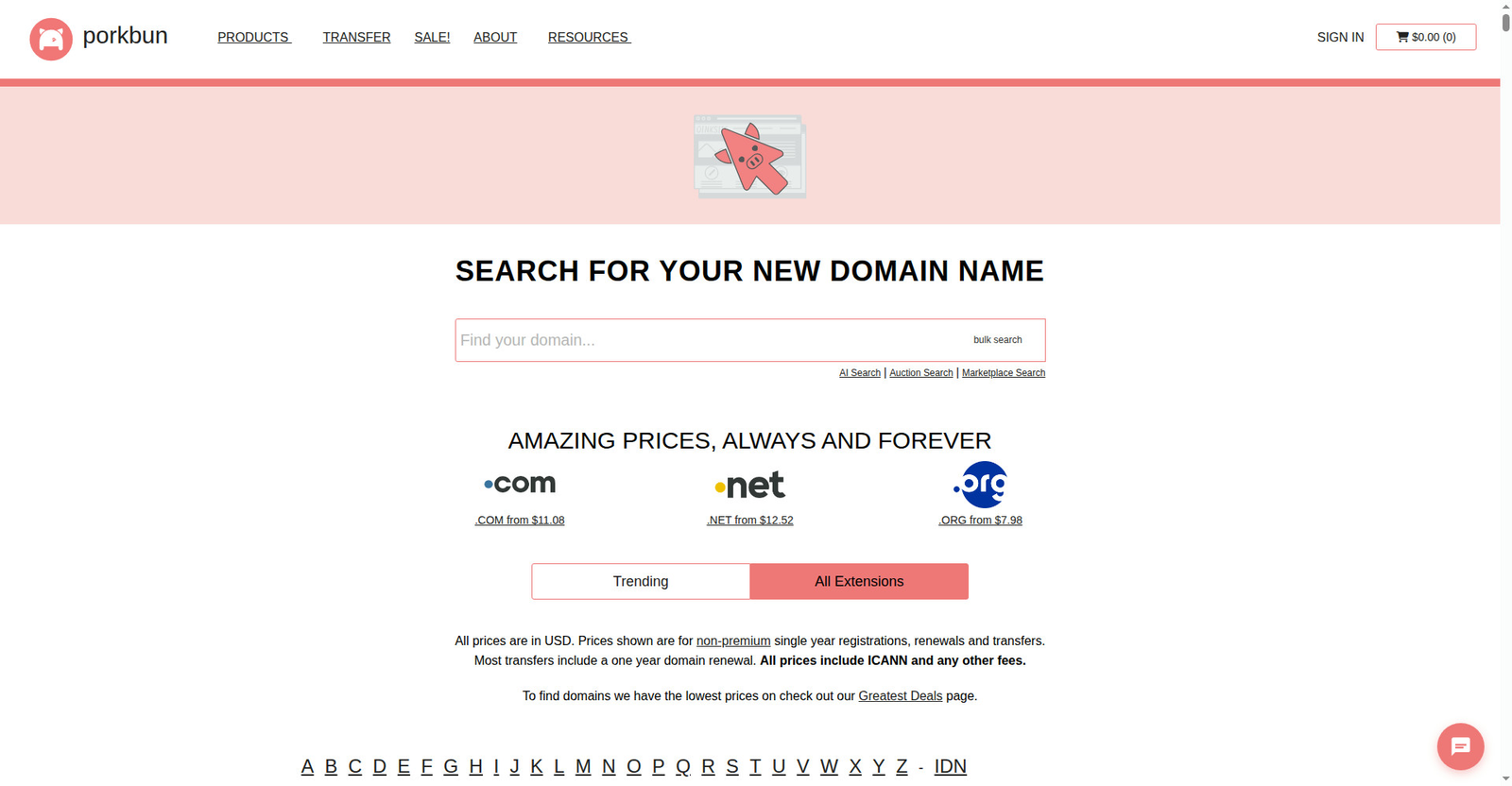 Porkbun ka domains pricing page — flat pricing ka promise